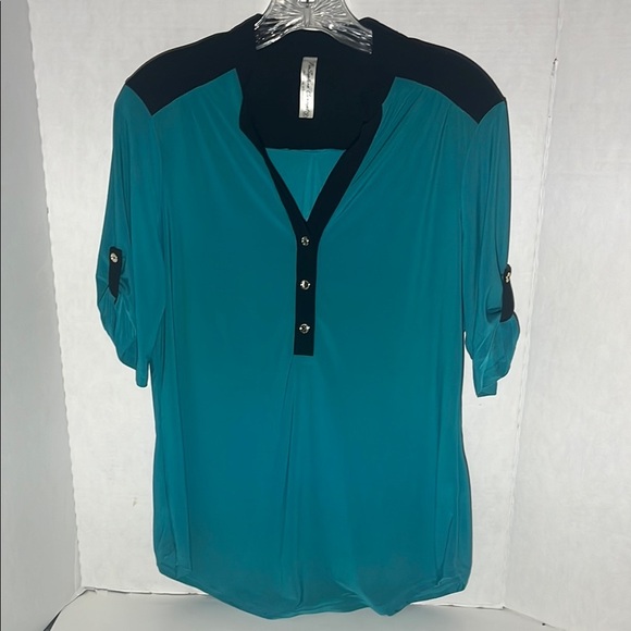 Rafaella Polo Blouse Green and Blue 3/4 Sleeve Buttoned - Picture 1 of 6